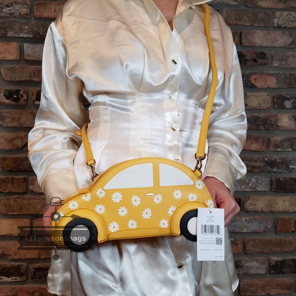 AUTHENTIC Beetle Kate Spade beep beep car crossbody bag yellow multi white NWT - Picture 9 of 12